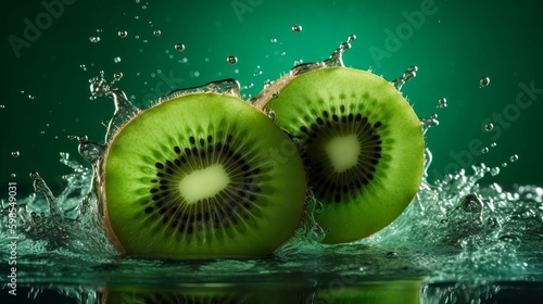 Imaginative organize made from Cut of kiwi and water Sprinkling on a green foundation. Creative resource  AI Generated