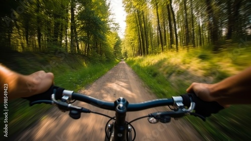 Bicycle, cycling and movement obscure with a sports individual holding handle bars whereas riding open air closeup pov. Creative resource, AI Generated