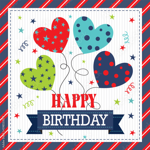 happy birthday card with heart shape balloons