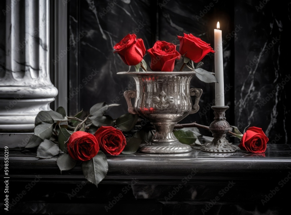 Rose on tombstone. Red rose on grave. Love loss. Flower on memorial
