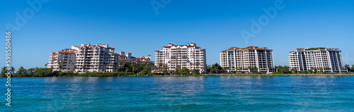 Fisher Island skyline with buildings seen from bay in South Beach, USA