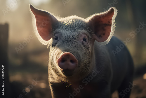 portrait of a pig in a pig farm in a neat and clean indoor livestock farm. AI