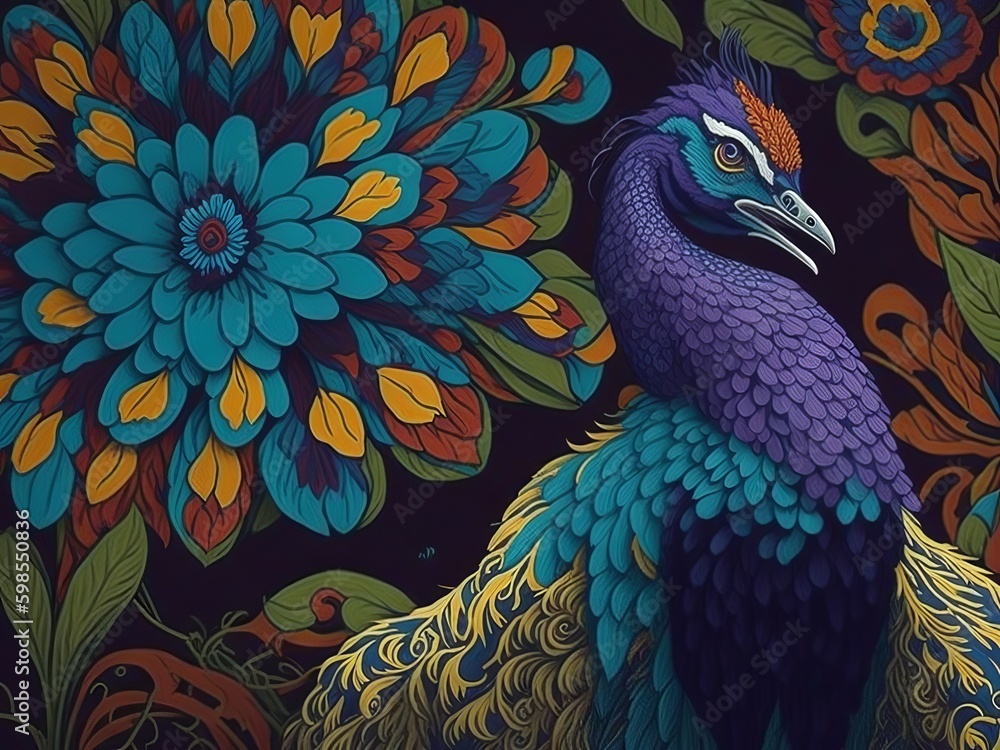 Fototapeta premium Feathers in Full Display: Colorful Peacock Wallpaper and Mural Background. 