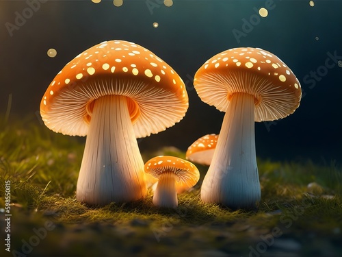 Combined with a bokeh background, three mushrooms are lying on the ground. Generative AI.