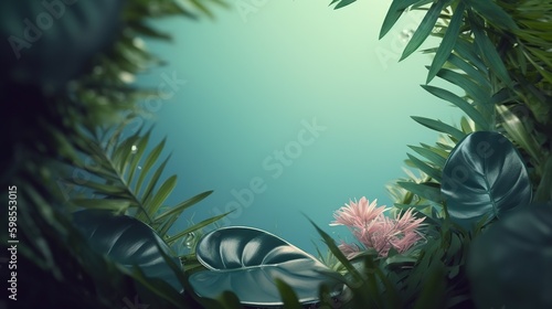 Beautiful fresh jungle background with exotic tropical leaves and flowers lake a round frame. Copy space in the middle. Green nature backdrop. AI generative image.