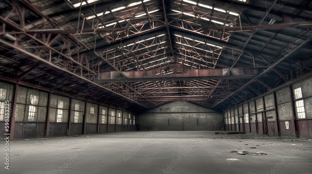 Illustration of abandoned rusty factory with copy space. Industrial indoor background. AI generative image.