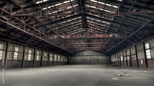 Illustration of abandoned rusty factory with copy space. Industrial indoor background. AI generative image.