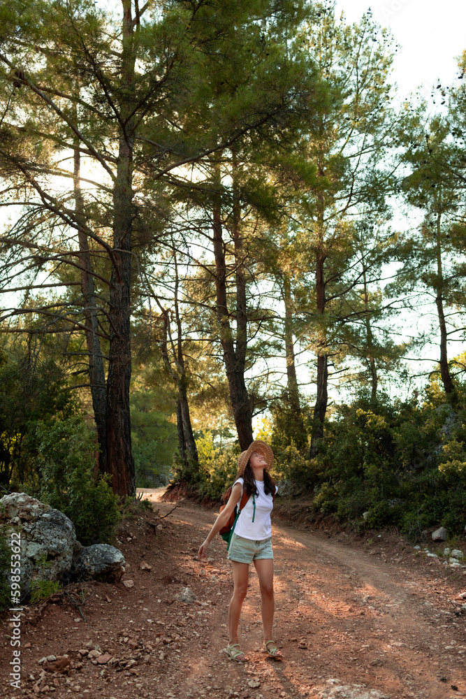 a traveler girl with a backpack walks along a forest road. a traveler girl with a backpack walks along a forest road.