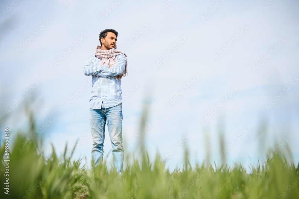 worry less ,indian farmer standing in his healthy wheat field worry less ,indian farmer standing in his healthy wheat field