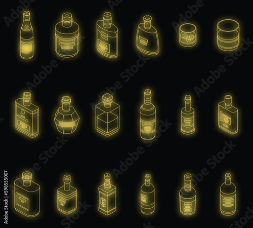 Bourbon icons set. Isometric set of bourbon vector icons neon color on black