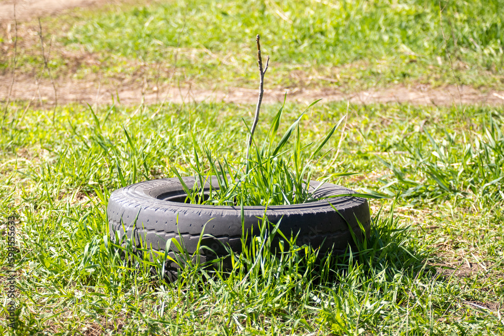 old rubber tires thrown into nature old rubber tires thrown into nature