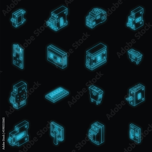 Breaker switch icons set. Isometric set of breaker switch vector icons neon color on black