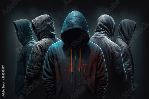 Gang members in hoodies on dark background, illustration generative AI