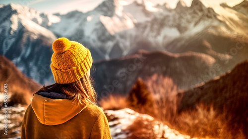 Back view of a girl wearing a yellow anorak and woolen hat looking at the snowy mountains in the distance in the bright red sunlight, made with generative ai