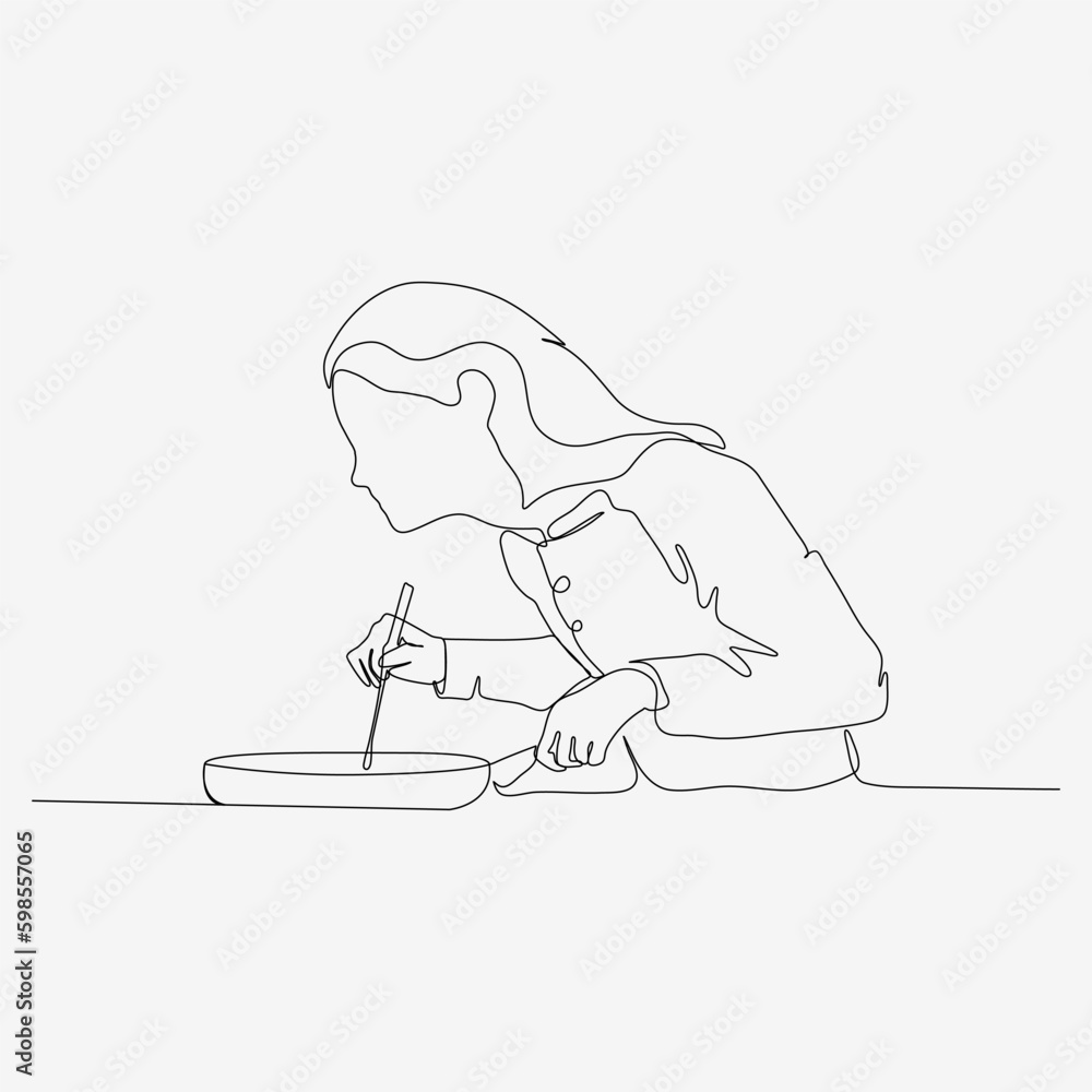 One line onwards from the mother sniffing the cooking smells. Cute cooking art character. Minimalist style vector illustration on white background.