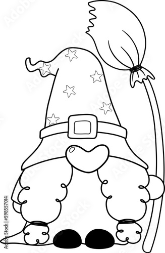 Cute Halloween witch faceless gnome cartoon doodle outline for colouring stamp hand drawing