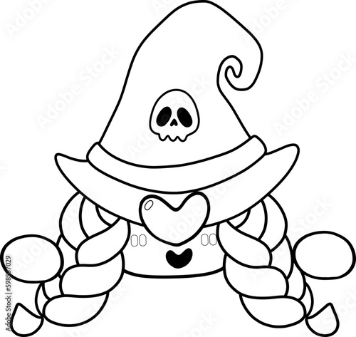 Cute Halloween witch faceless gnome cartoon doodle outline for colouring stamp hand drawing