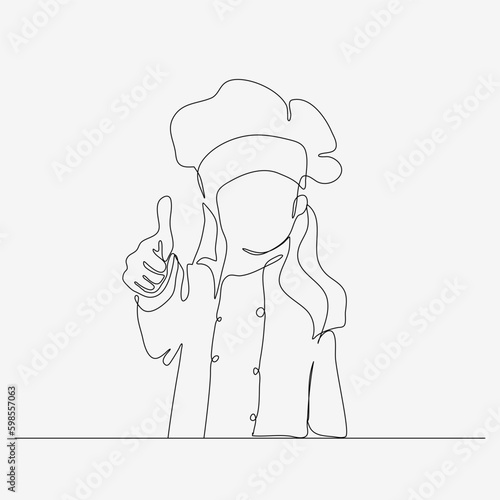 Continuous one line design of a girl chef giving thumbs up. Cute cooking art character. Minimalist style vector illustration on white background.