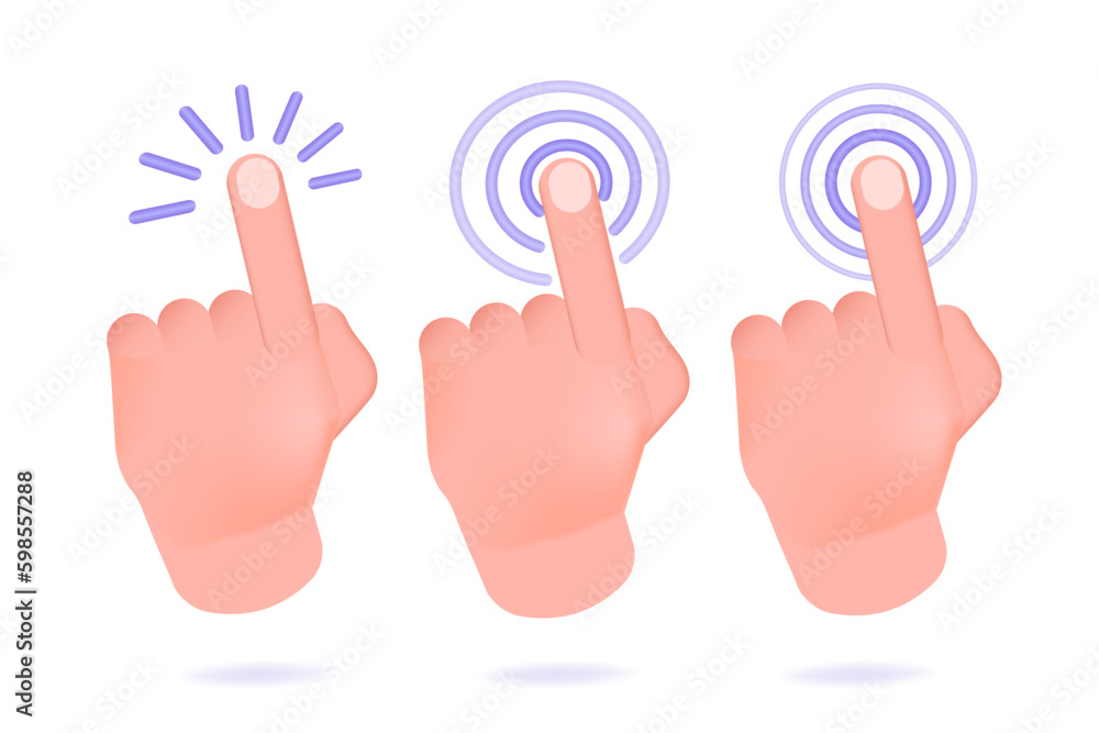 Obraz premium 3d realistic vector illustration Hand pointing gesture, Touch or click.