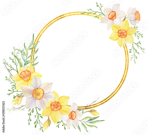 Frame with flowers in a circle. The text is in the middle. Greeting card template with place for text. Festive frame of daffodils flowers. Flower decoration. Gold frame with delicate white and yellow
