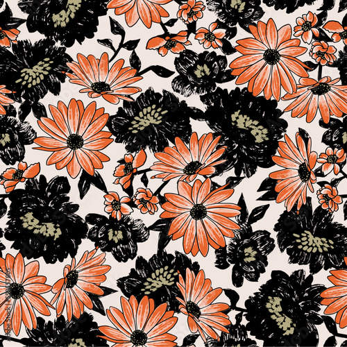 SEAMLESS GRUNGE DISTRESSED HAND PAINTED FLOWER BRUSH STROKE FLORAL TEXTURE TEXTILE FABRIC REPEAT BOTANICAL PATTERN SWATCH