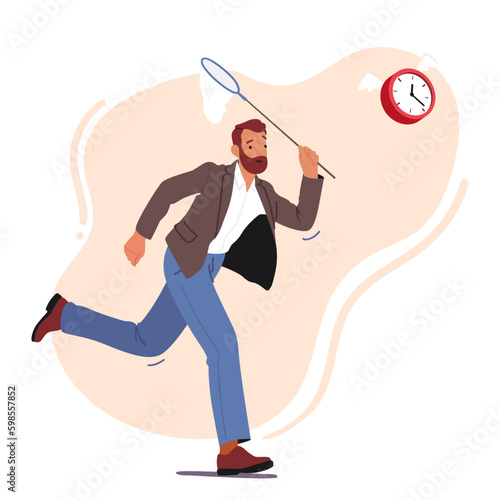 Man Rushes To Catch Alarm Clock With Butterfly Net In Conceptual Art Depicting The Struggle Between People And Time Generative AI