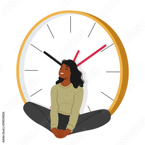 Smiling Woman Seated Beside Oversized Watches, Appears Joyful And Content, With A Gleaming Expression Generative AI