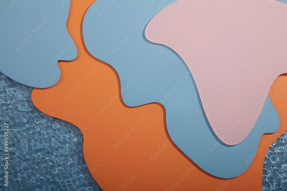 Creative modern background with many layers of colorful acrylic sheets with orange, blue and pink colors. Design banner, poster or display products Creative modern background with many layers of colorful acrylic sheets with orange, blue and pink colors. Design banner, poster or display products