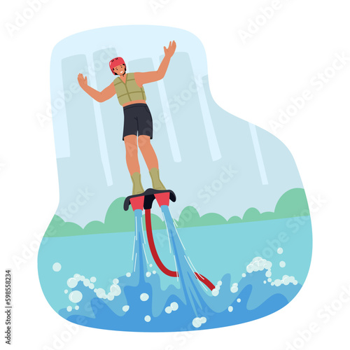 Man Character Soaring On Flyboard With Water Propulsion, Performing Aerial Tricks And Stunts, While Enjoying The Thrill Generative AI