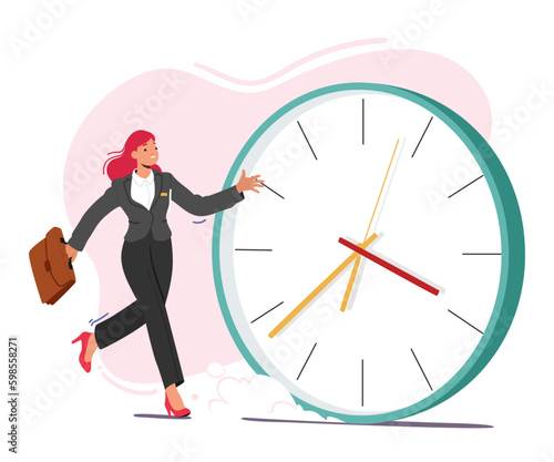 Businesswoman Sprints Past Huge Clock, Checking Time, Indicating The Importance Of Time Management In The Business World Generative AI