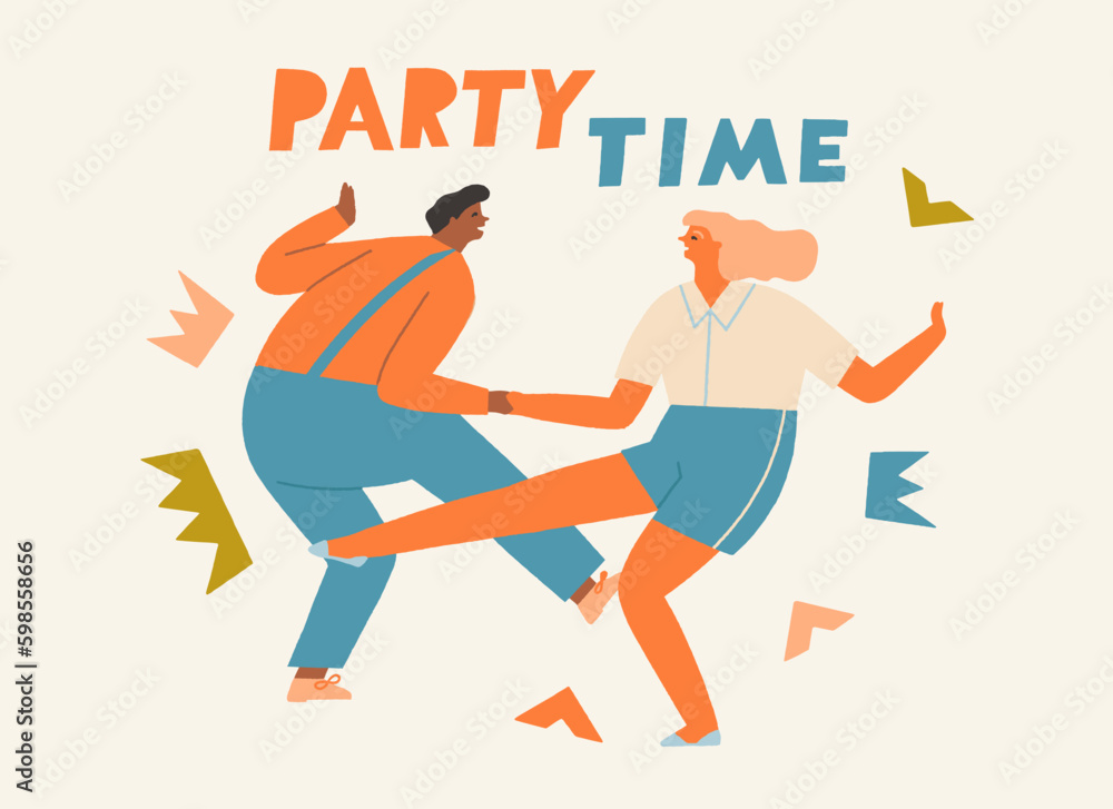 A couple of young happy man and woman dancing under the sign Party time. Birthday celebration card. Vector illustration Generative AI A couple of young happy man and woman dancing under the sign Party time. Birthday celebration card. Vector illustration Generative AI