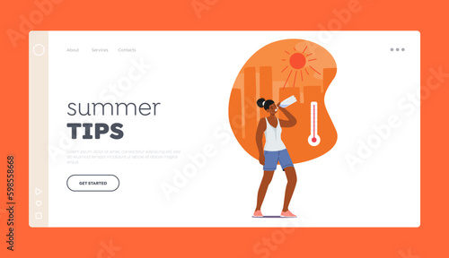 Summer Tips Landing Page Template. Woman Sweating And Flushed, Drinking Water, Seeking Relief From Heat Exhaustion Generative AI
