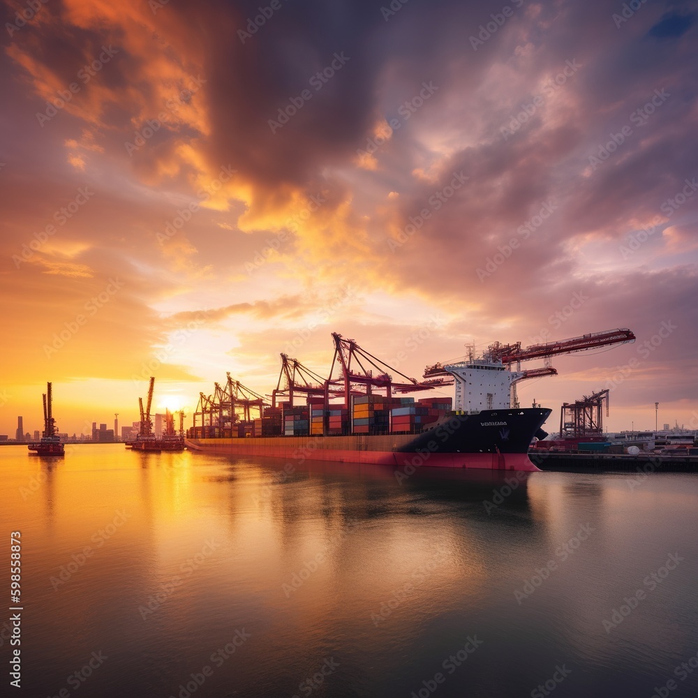 Logistics and transportation of a cargo plane and container ship with a functional crane bridge in a shipyard at dawn. generative AI