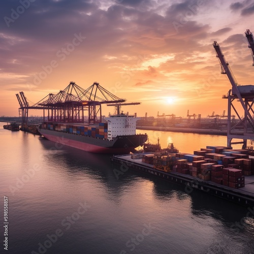 Logistics and transportation of Container Cargo ship and Cargo plane with working crane bridge in shipyard at sunrise. generative AI