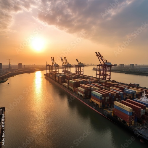 Logistics and transportation of Container Cargo ship and Cargo plane with working crane bridge in shipyard at sunrise. generative AI