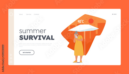 Summer Survival Landing Page Template. Senior Woman Character Experiencing Heat Discomfort, Feeling Warm And Sweaty Generative AI
