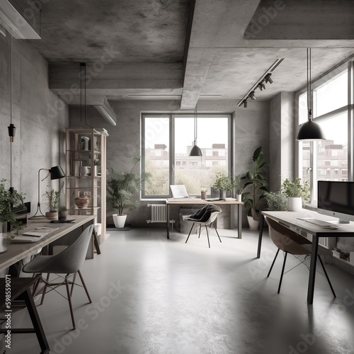 Interior design of a minimalist concrete coworking workspace. generative ai