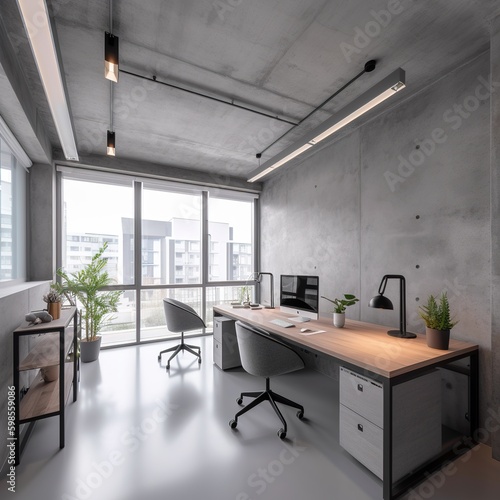 Minimalist concrete coworking office interior. generative ai