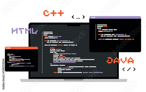 Concept of computer programming or developing software or game. Vector flat illustration with coding, Java, HTML,  symbols and programming windows. Information technologies and computer engineering.