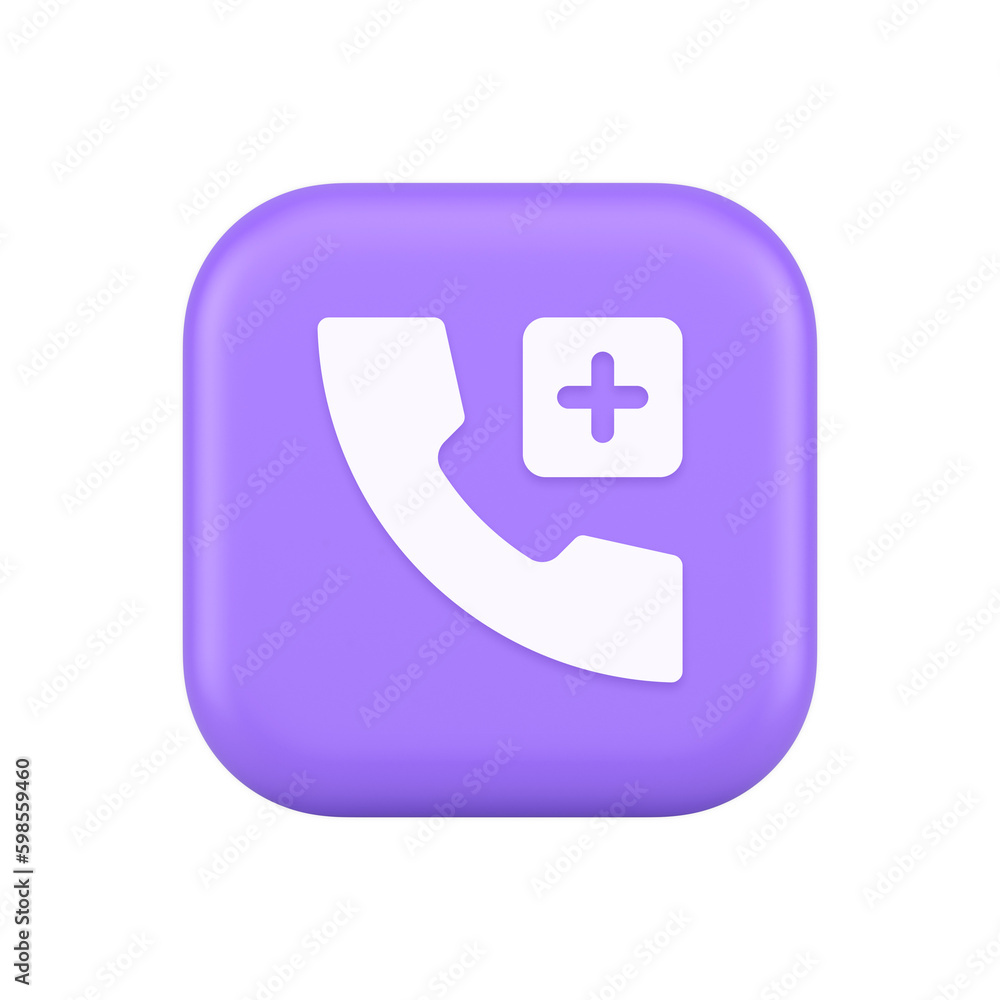 Call phone add emergency hotline service purple squared button 3d realistic icon Call phone add emergency hotline service purple squared button 3d realistic icon