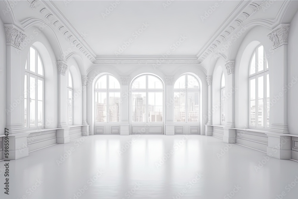 an empty modern room with minimalist design and large windows. Generative AI Generative AI