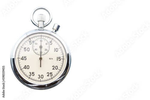 Mechanical 2-button stopwatch, isolated on white background. Stopwatch designed to measure time in minutes, seconds and fractions of a second, used in sport competition and timing.