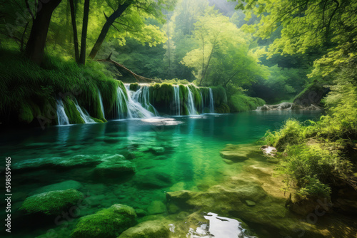 Beautiful Nature Lovely Place, Tree Park, Waterfall, Peacock bird on Mountain Stone, Water river Photo of 3d view Wallpaper. Tropical Forest Tree leaves with Peacock and waterfall, generative AI
