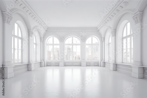 an empty modern room with minimalist design and large windows. Generative AI Generative AI