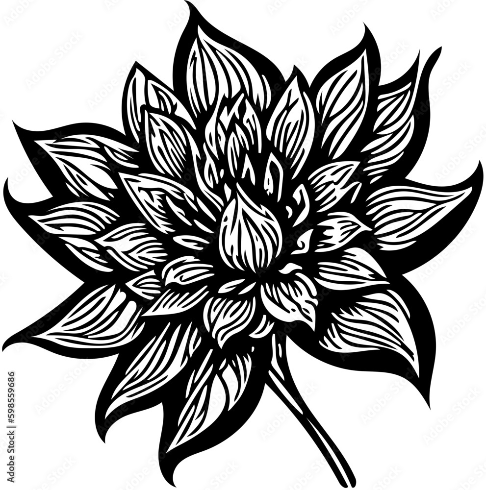Fototapeta premium Vector illustration of a flower with leaves in black and white 