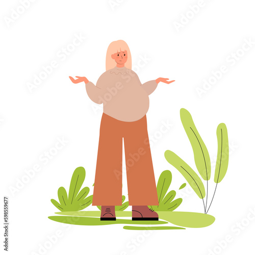 Thoughtful pregnant woman. Young pregnant woman thinking. Vector
