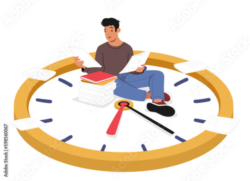 Man Sitting On Large Watch Surrounded By Scattered Papers And Documents. Concept Of Time Management And Busy Schedule Generative AI