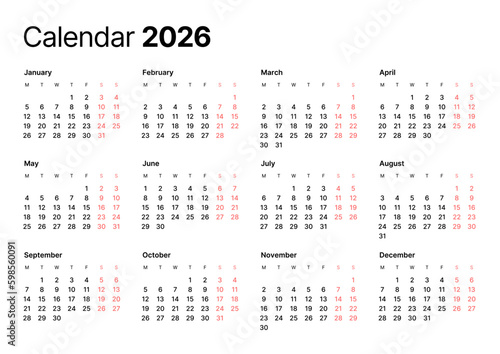 Annual calendar template for 2026 year. Week Starts on Monday. Business calendar in a minimalist style for 2026 year. Generative AI