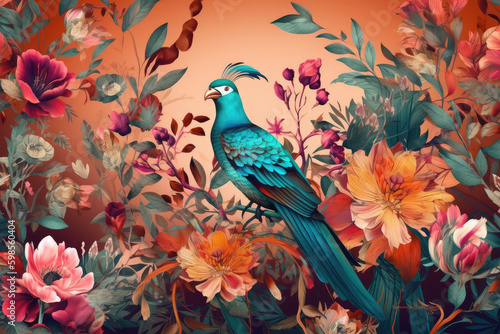 Exotic oriental with wildlife and flowers in multicolor. 3d interior mural illustration wallpaper. Birds and animals wildlife with bright color exotic flower patterns background, generative AI