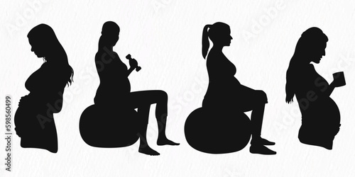 A pregnant woman is sitting on a pair of exercise balls, hand on belly and coffee in the hand vector